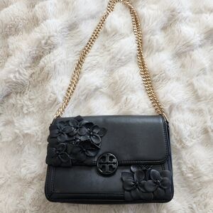 Tory Burch Black Floral Chain Shoulder Bag